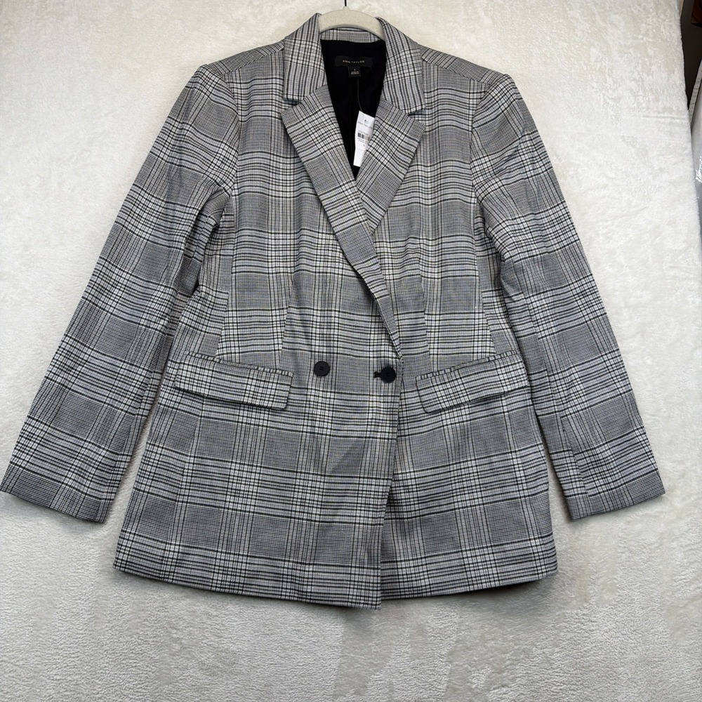 Ann Taylor Women's Double Breasted Plaid Blazer Size 8 Gray Black NWT